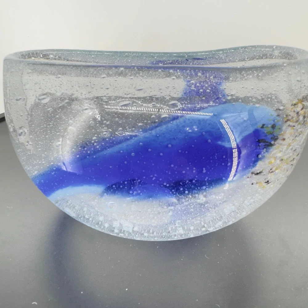 Murano Style Blown Art Glass Cobalt Blue Swirl Controlled Bubble Confetti Heavy